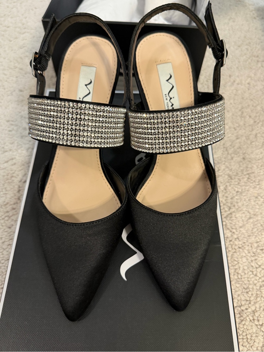 Nina Black Satin Pointed Slingback with Rhinestone Band